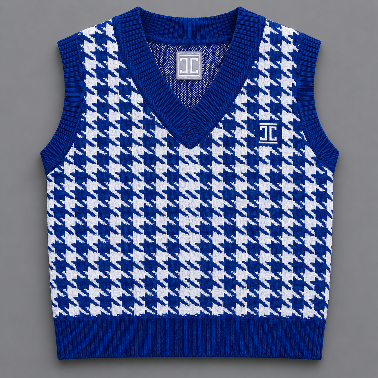 Itu Knitted Houndstooth Sleeveless Pullover Navy